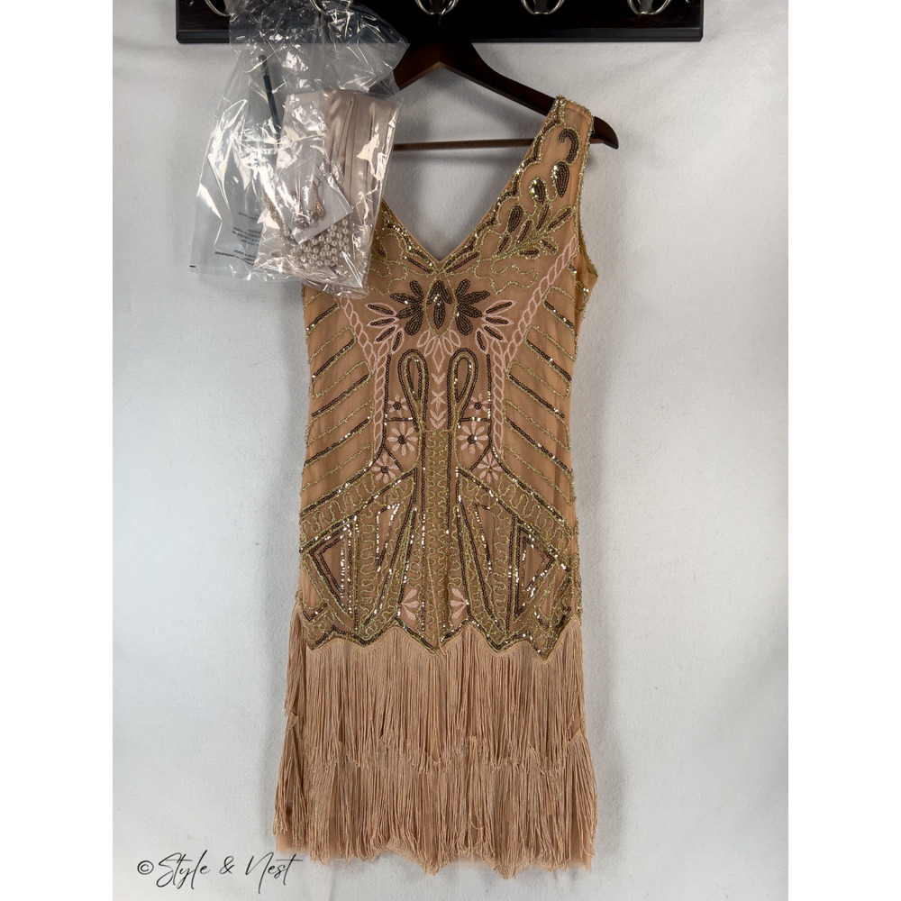 BABEYOND Gatsby Gold Flapper Paisley Sequin Dress 1920s w Accessories Medium
